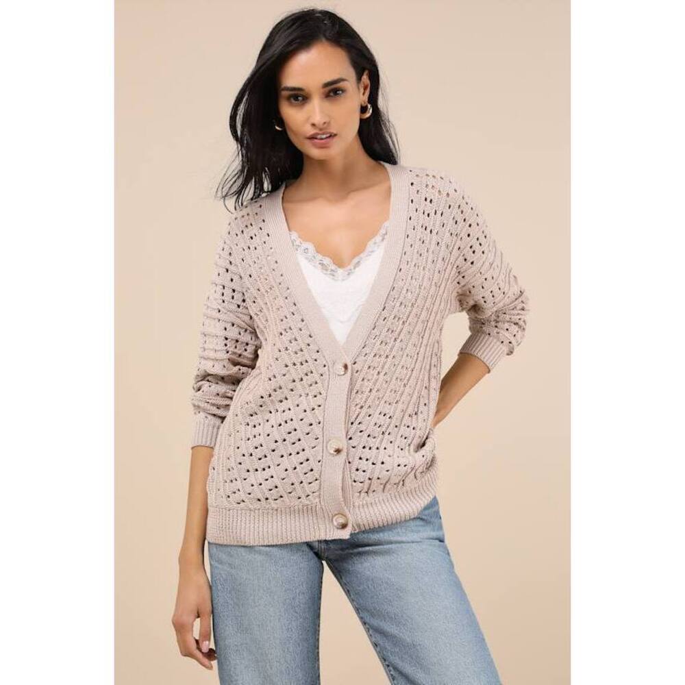 Lulus Dori Beige Loose Knit Button-up Cardigan Sweater - Size S